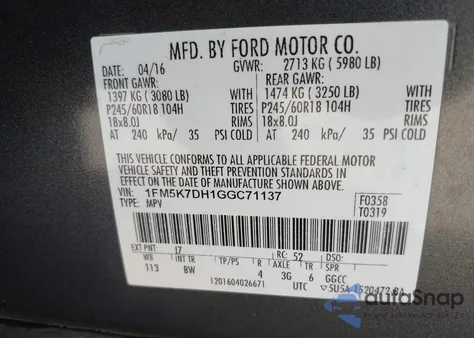 2016 Ford Explorer Xlt from USA, damaged, VIN 1FM5K7DH1GGC71137